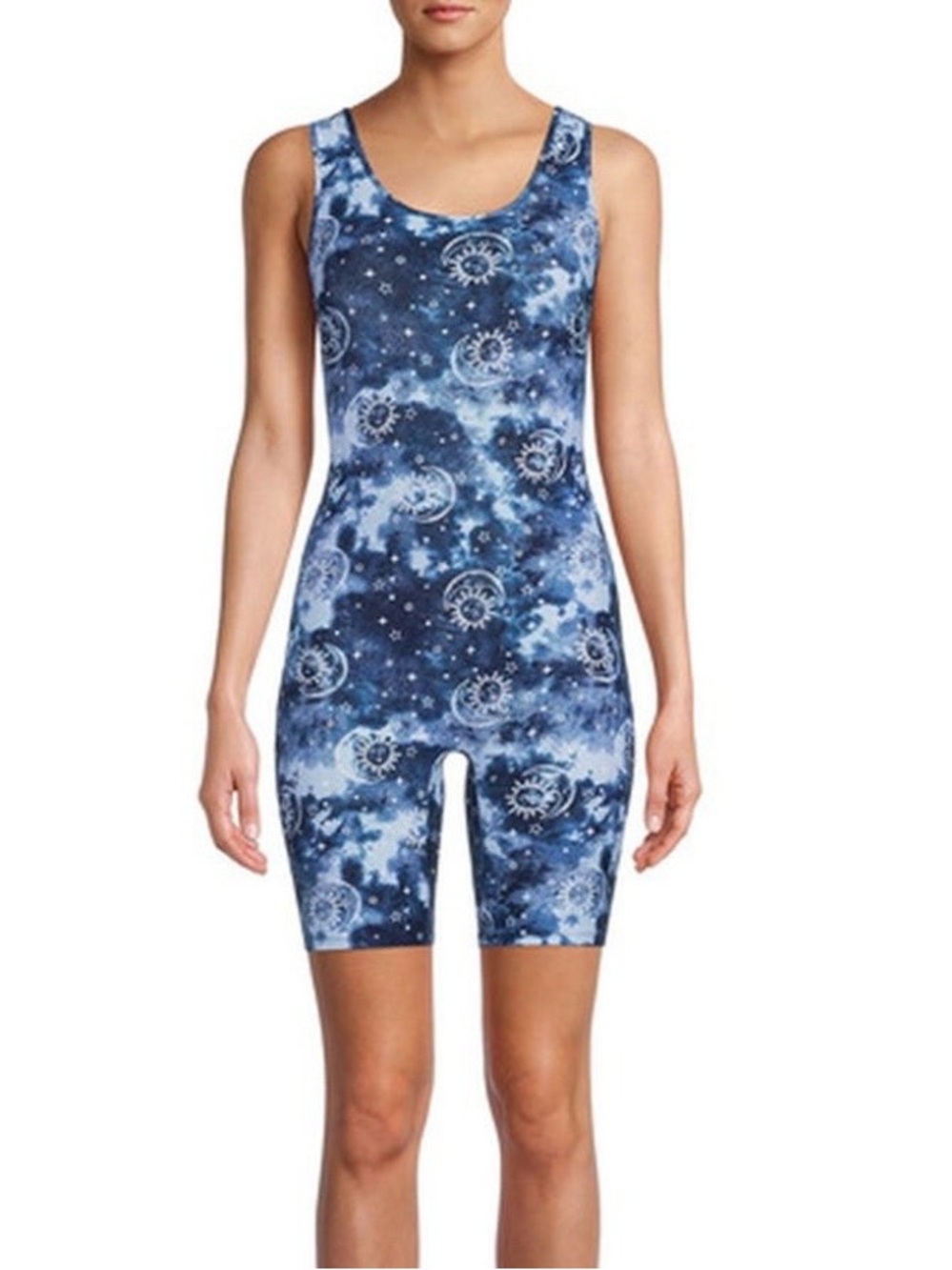 No Boundaries Blue Celestial Print Sleeveless Biker Stretch Romper